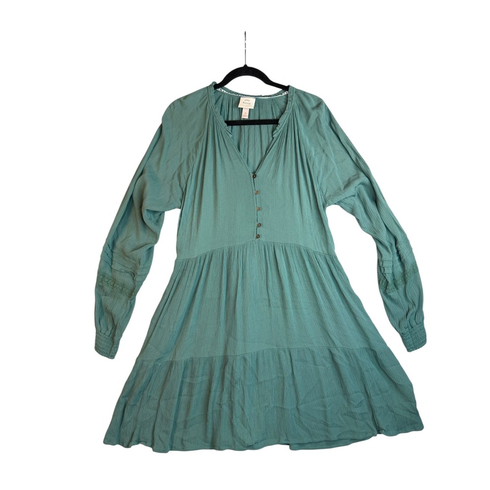 Knox Rose Sage Green Boho Tiered Mini Dress‎ Lace Detail Long Sleeve Small